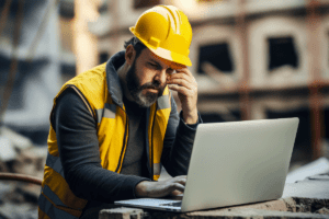 Man-in-hard-hat-and-hi-vis-on-laptop-in-warehouse